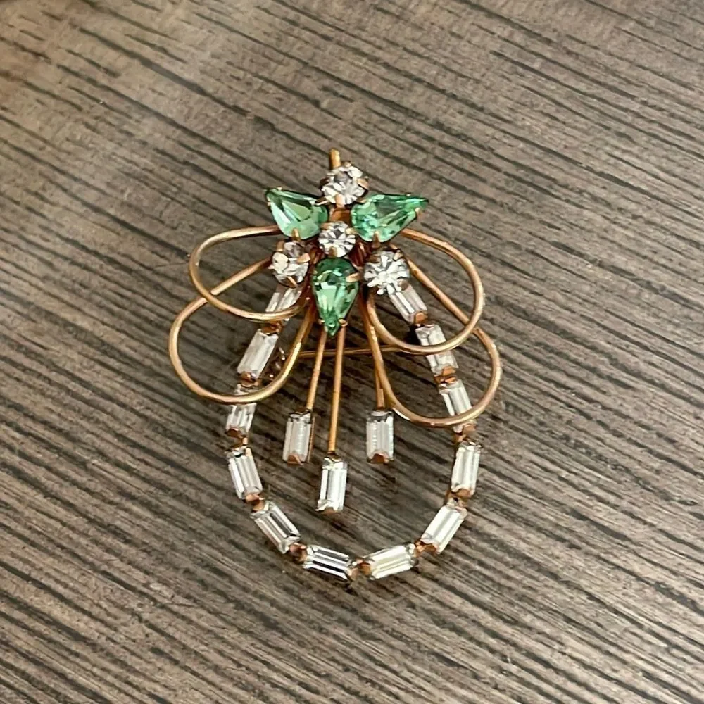 Vintage Ralph Scudieri D'ERI Signed 12K Gold Filled Crystal Brooch Clear & Green